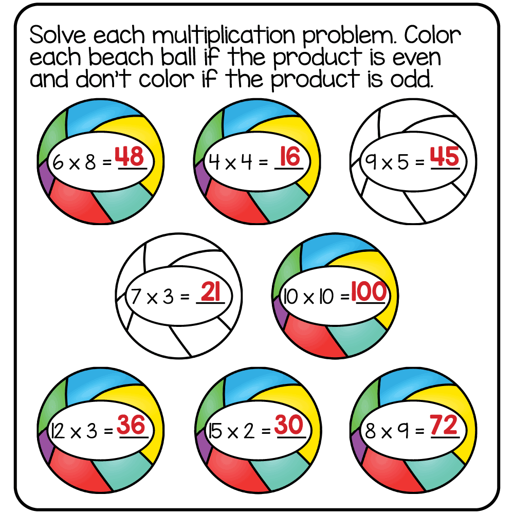 Answer key for the free printable 3rd grade summer math worksheet solving multiplication problems and identifying even and odd products.