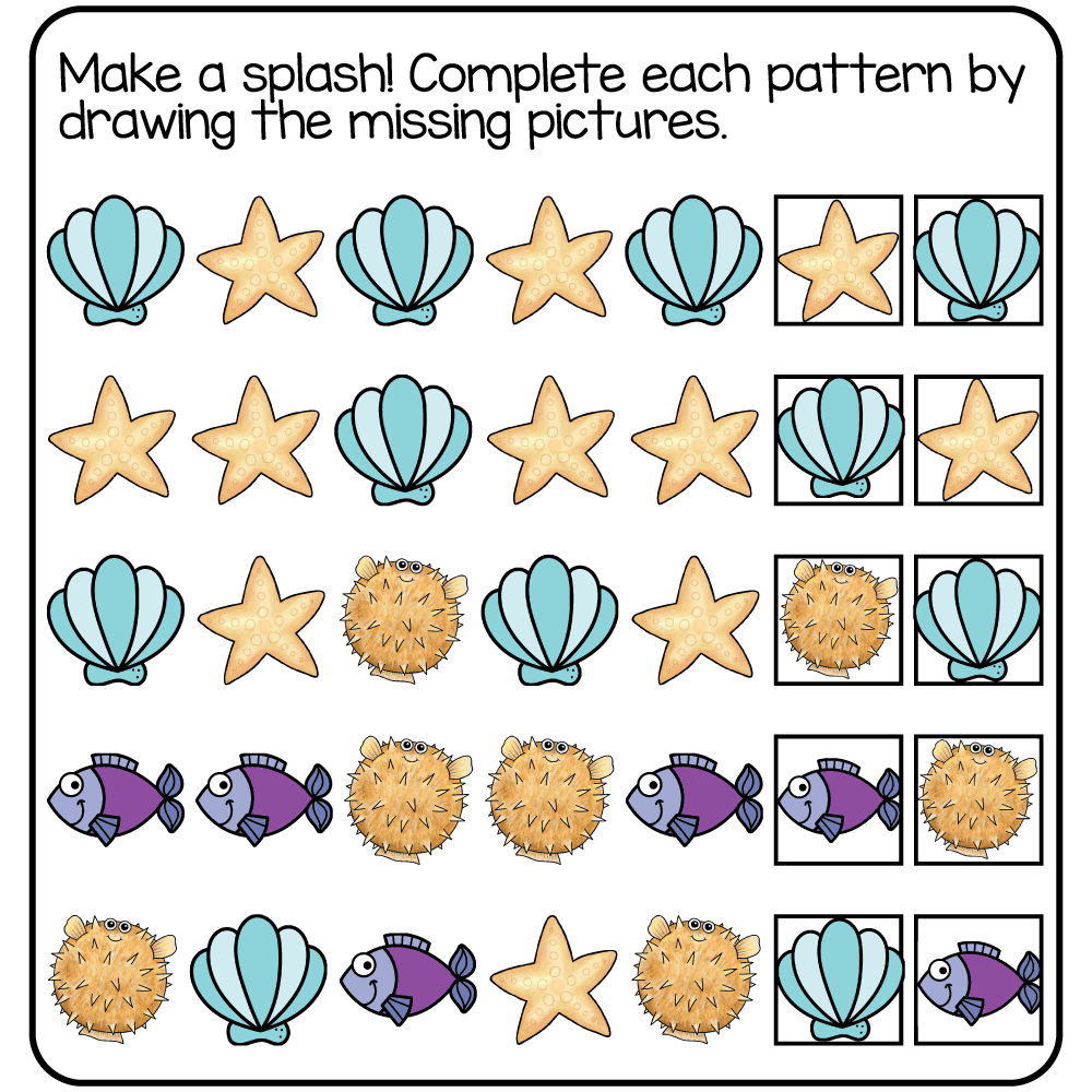 Answer key for the free printable 3rd grade summer math worksheet completing picture patterns.