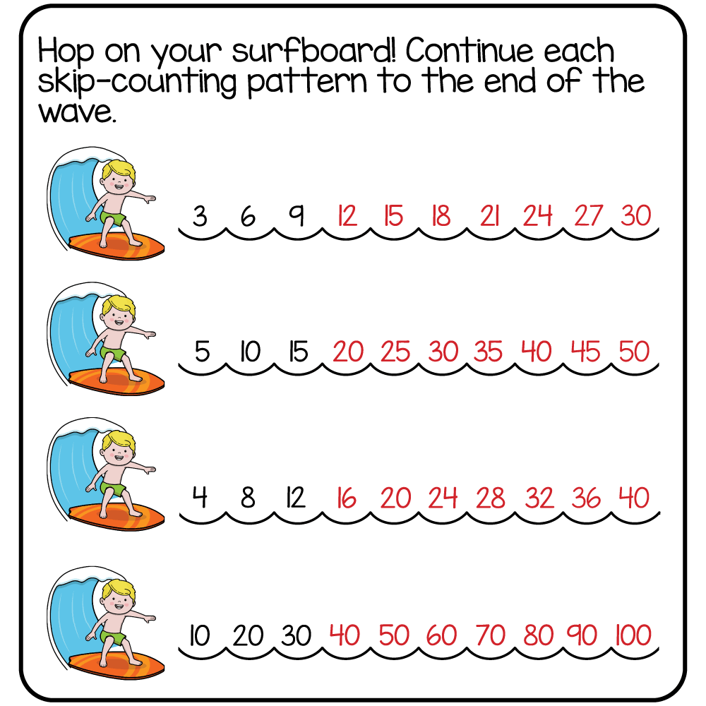 Answer key for the free printable 3rd grade summer math worksheet completing skip-counting patterns.