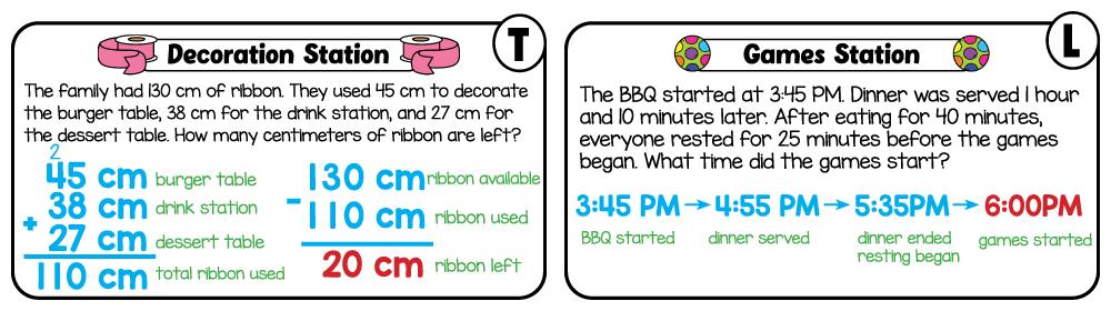 Answer key for the free printable 3rd grade summer math worksheet showing solutions for the Decoration Station and Games Station word problems.