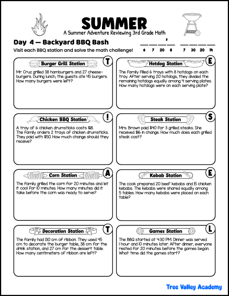 3rd grade summer math review worksheet with backyard BBQ-themed word problems covering addition, subtraction, multiplication, division, money, and elapsed time.