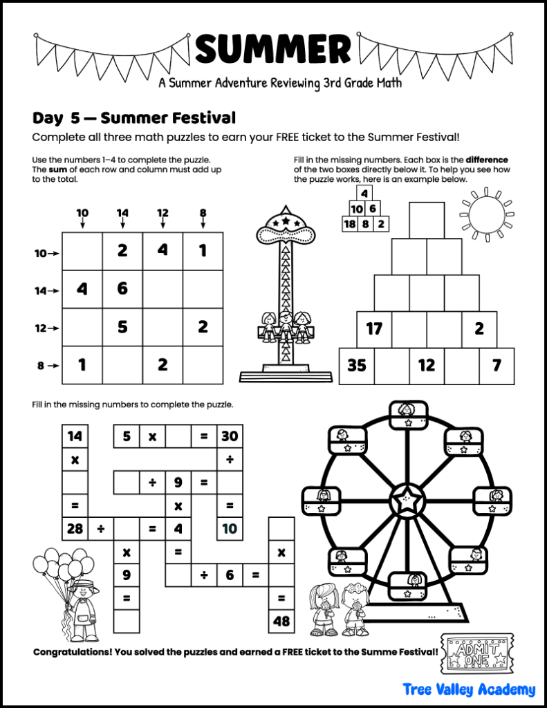3rd grade summer math puzzle worksheet with a magic square, difference pyramid, and arithmetic puzzle for end-of-year review.