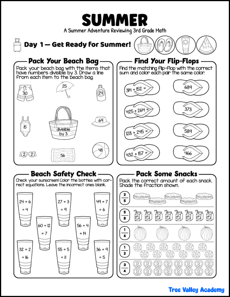 3rd grade summer math worksheet with divisibility by 3, addition matching, division equations, and fractions in a beach-themed review activity.