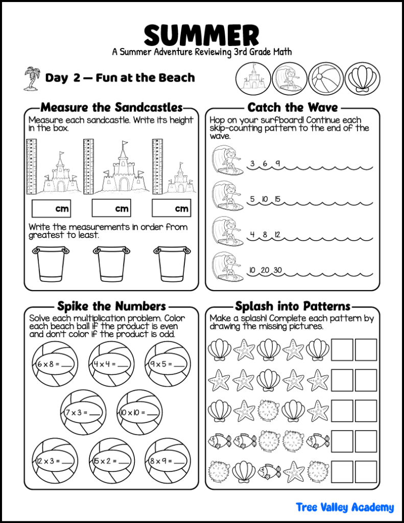 Beach-themed 3rd grade summer math review worksheet with measurement, skip counting, multiplication facts, and pattern activities.