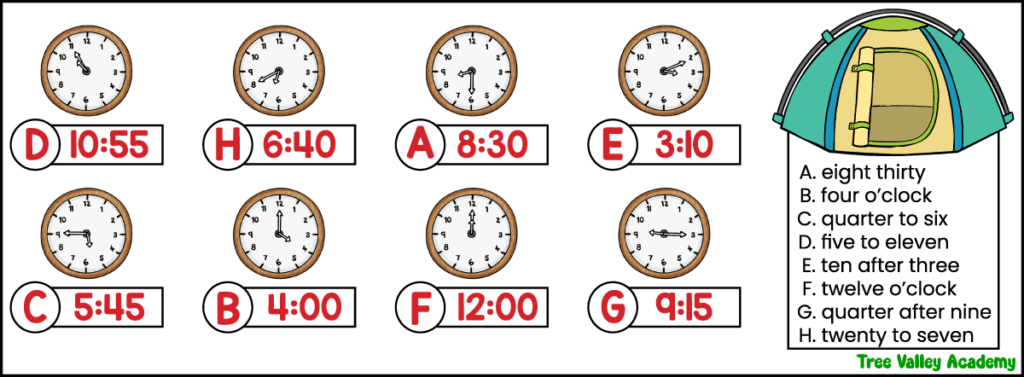 Answer key matching analog clocks to digital times and written time vocabulary on a 3rd grade camping worksheet.