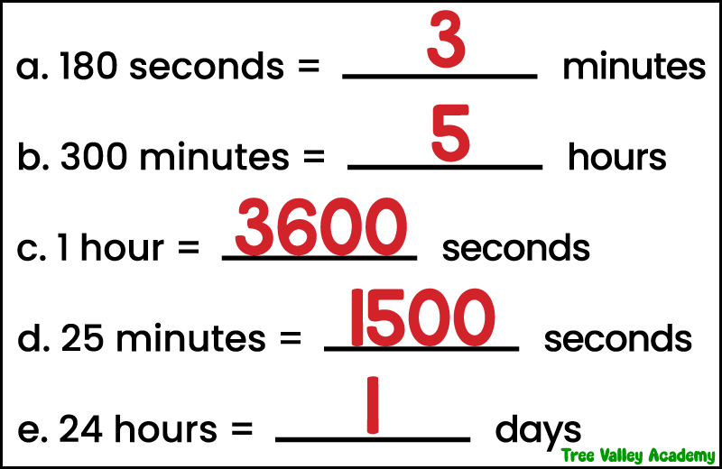 Answer key for converting seconds, minutes, hours, and days on a 3rd grade camping math worksheet.