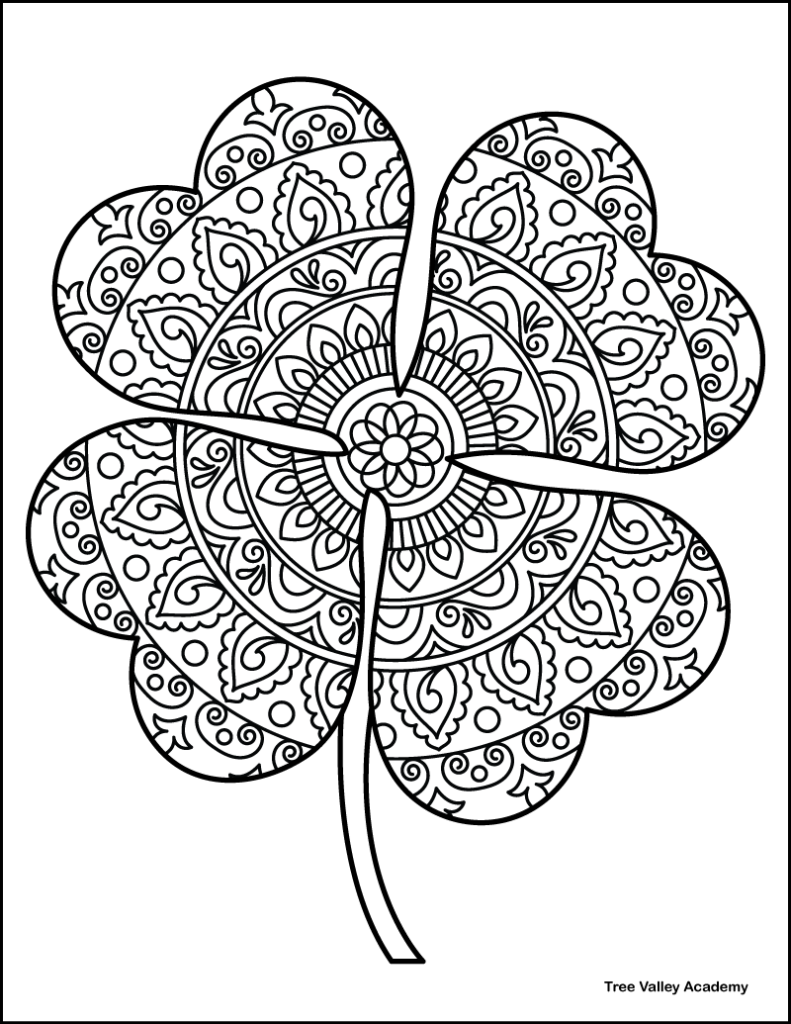 free printable 4 leaf clover coloring page with a zentangle pattern featuring floral, paisley, and decorative circular elements