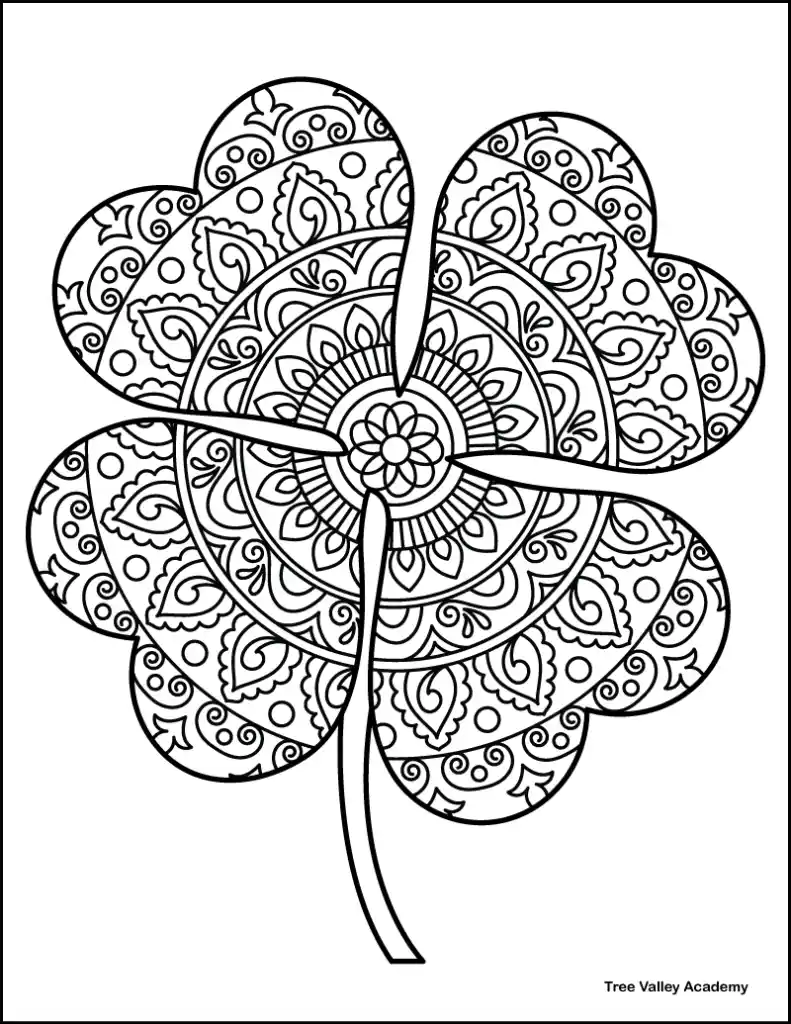 free printable 4 leaf clover coloring page with a zentangle pattern featuring floral, paisley, and decorative circular elements
