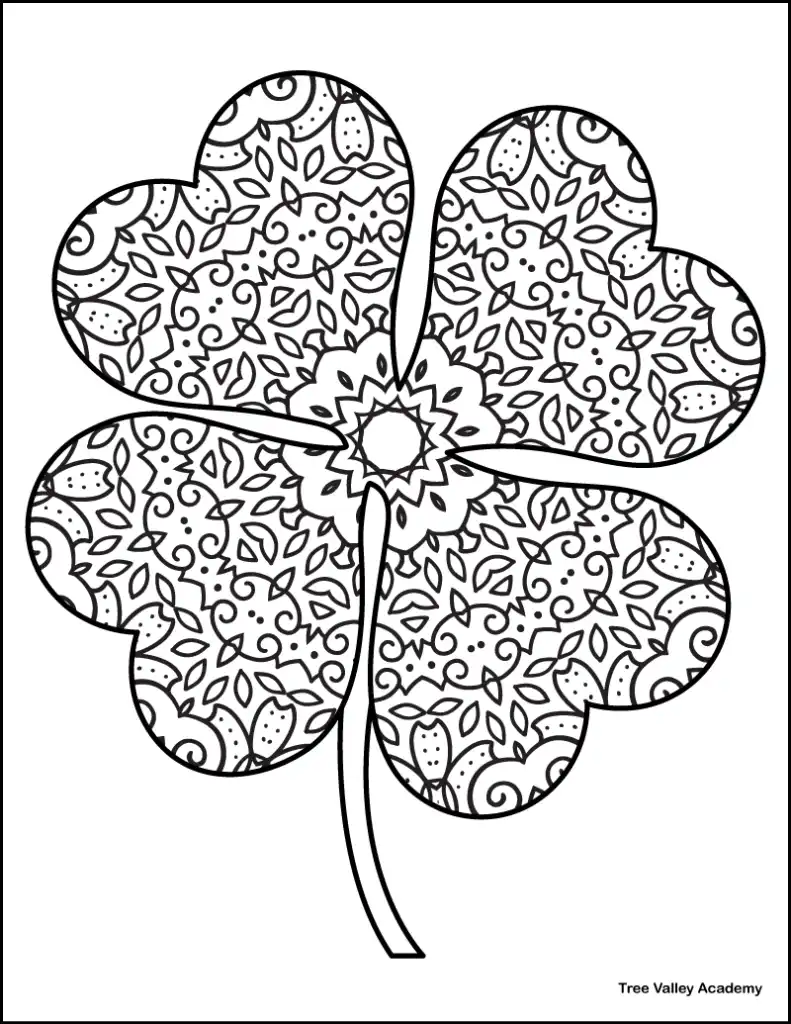 free printable 4 leaf clover coloring sheet with a Zentangle-inspired pattern of leaves, swirls, and decorative details