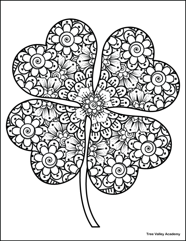 very detailed printable four leaf clover coloring page with Zentangle floral patterns, featuring intricate flowers, swirls, and decorative elements