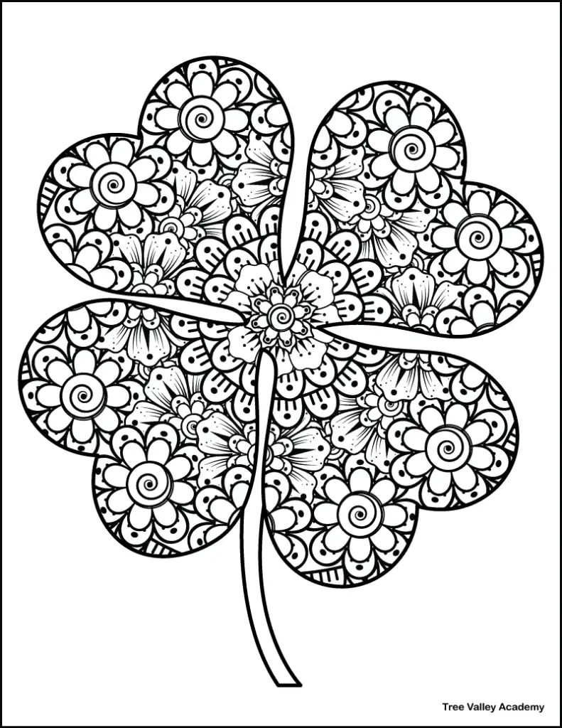 very detailed printable four leaf clover coloring page with Zentangle floral patterns, featuring intricate flowers, swirls, and decorative elements