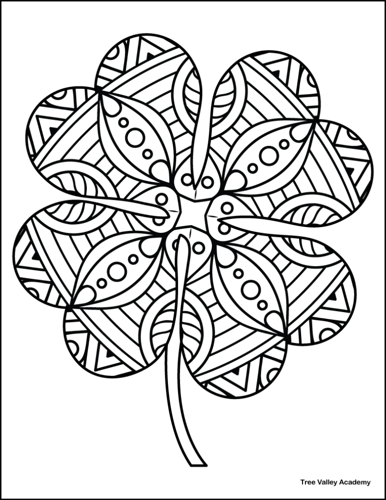 printable 4 leaf clover zentangle coloring page