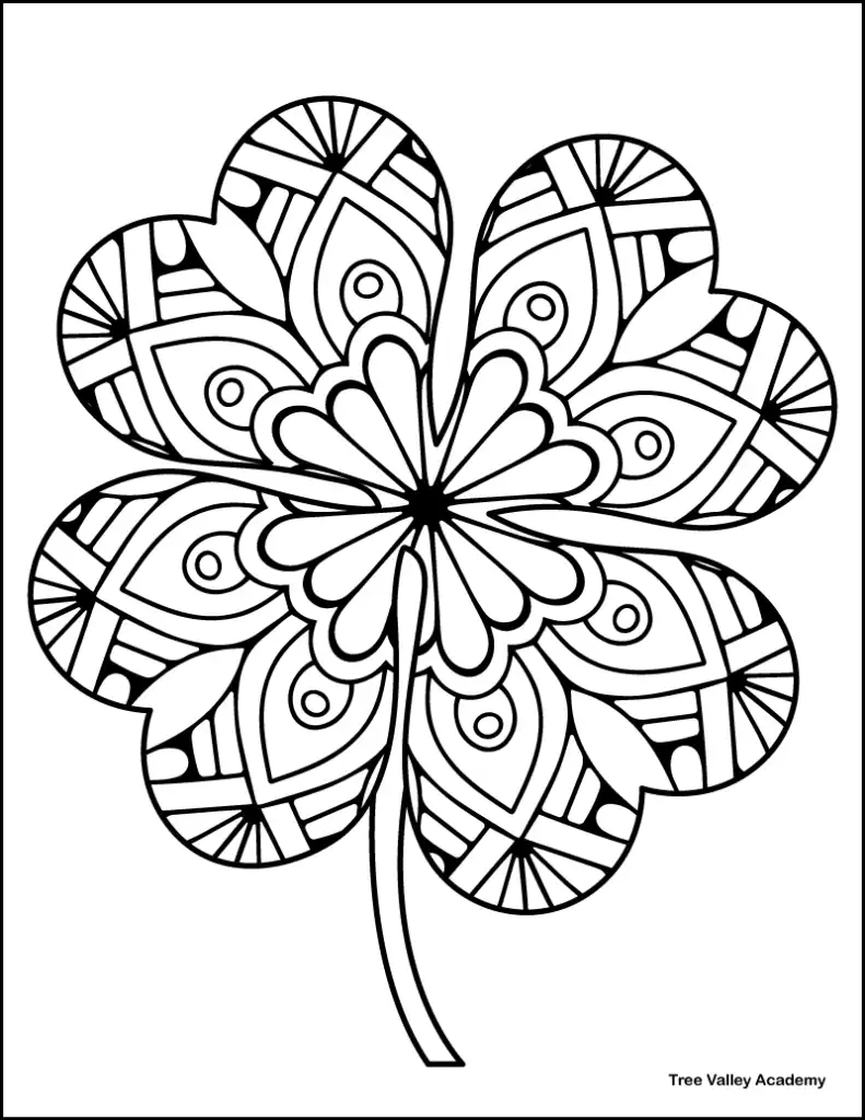 4 leaf clover coloring page featuring intricate geometric and abstract designs, perfect for printable coloring activities