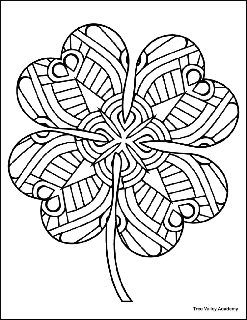 printable 4 leaf clover coloring page with zentangle designs