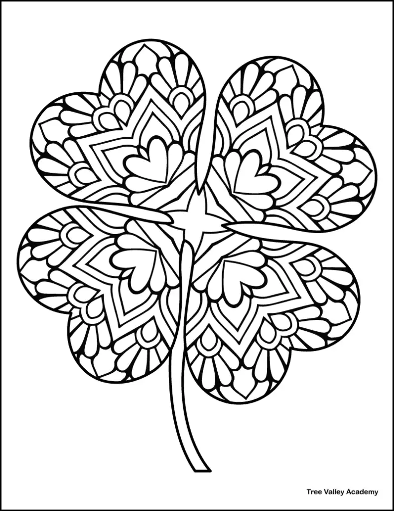 printable 4 leaf clover coloring page with a zentangle pattern with layered hearts, geometric shapes, and petal-like details
