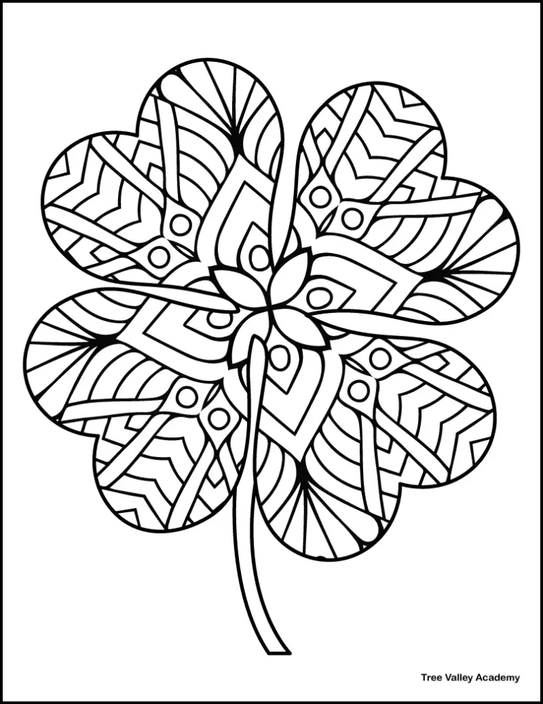 A printable 4 leaf clover zentangle coloring page to color. The clover has an intricate zentangle pattern with geometric shapes, curved lines, and small circular details.