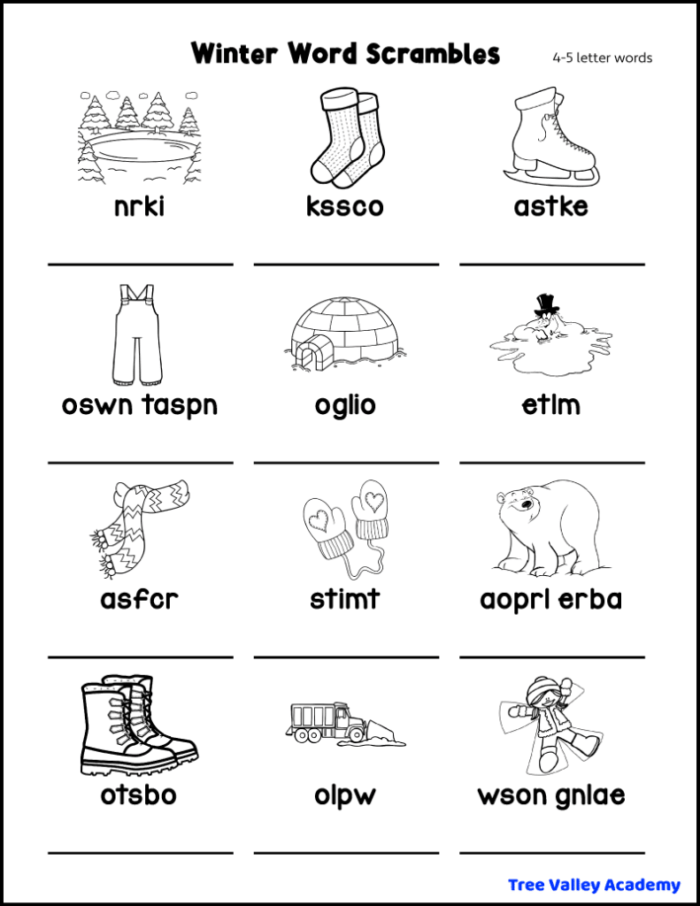 Easy printable winter word scramble for kids. There are 12 jumbled 4-5 letter winter words to solve. There's a picture for each word.