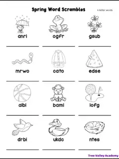 Easy printable 4 letter spring word scramble for kids. The puzzle has 12 jumbled spring words with a picture above each word.