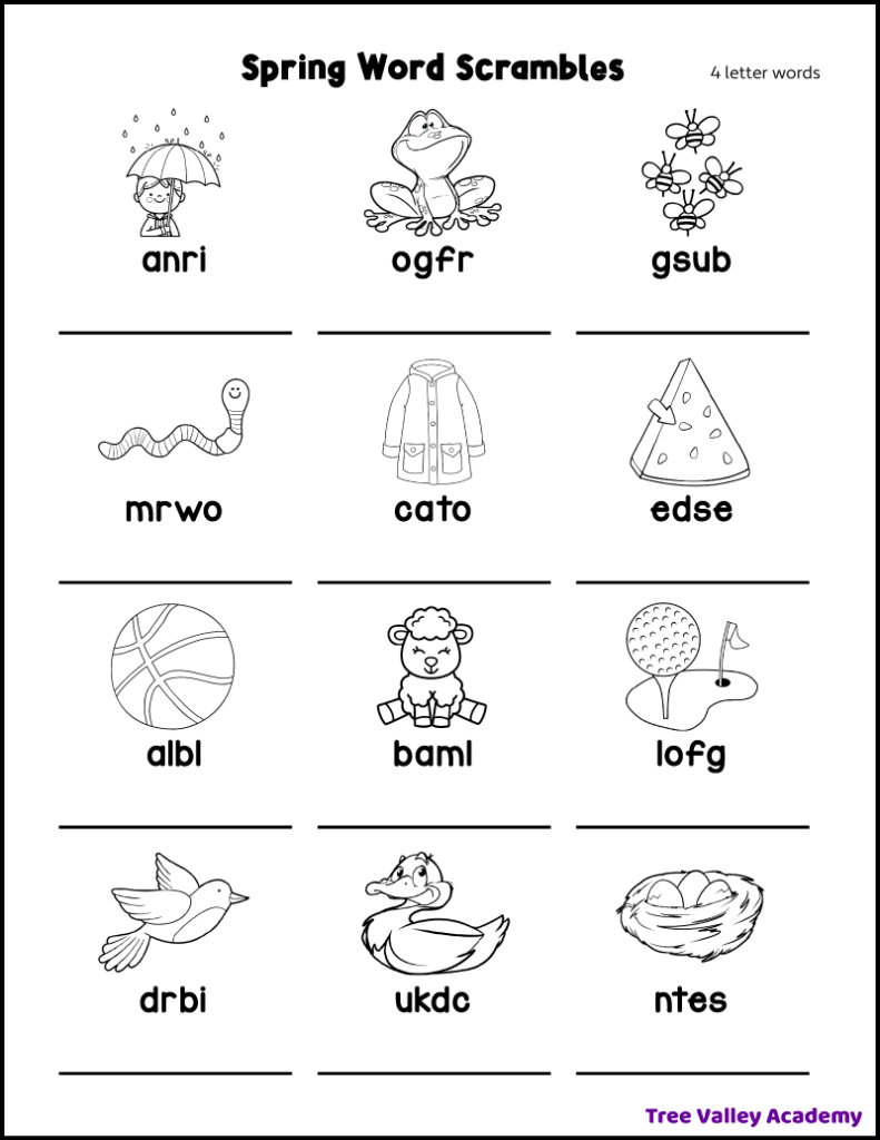 Easy printable 4 letter spring word scramble for kids. The puzzle has 12 jumbled spring words with a picture above each word.