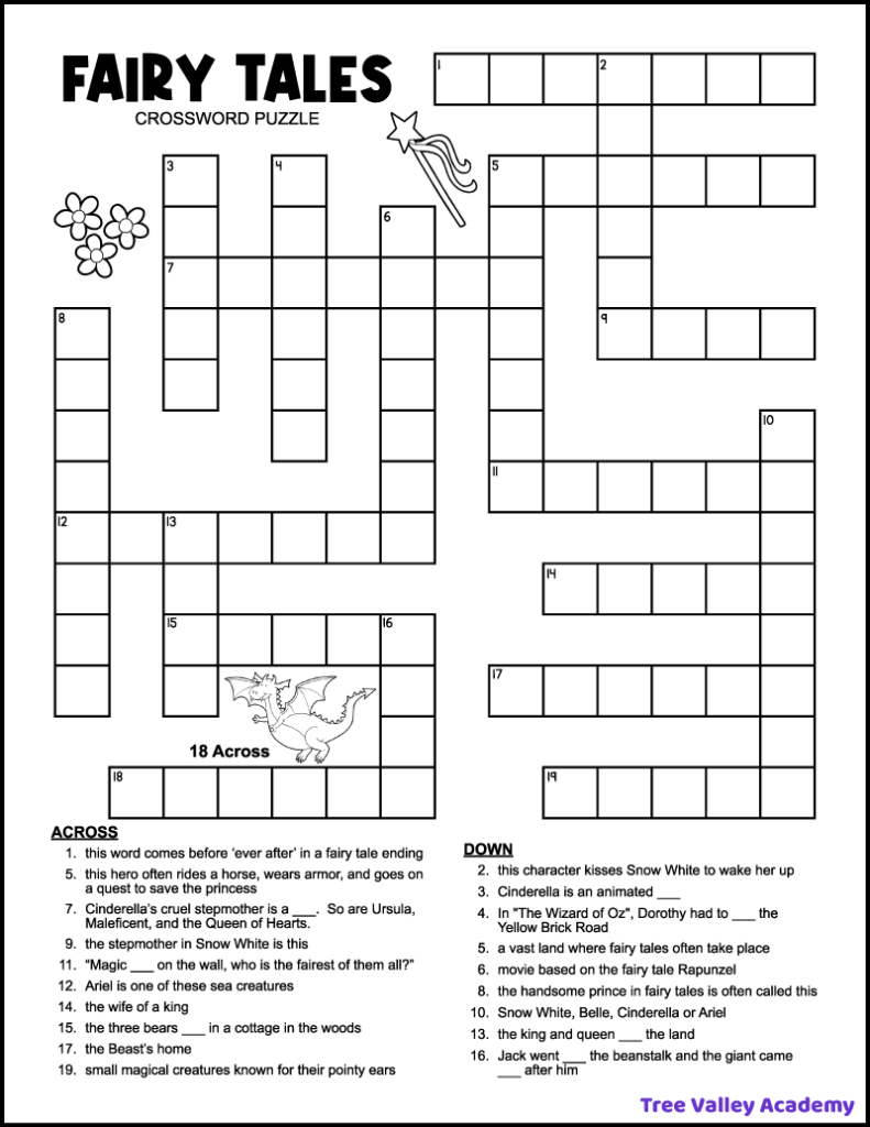 A free printable 4th grade fairy tale crossword puzzle for kids. The black and white puzzle is decorated with an image of flowers, a flying dragon, and a magic wand. It has 19 clues to solve.