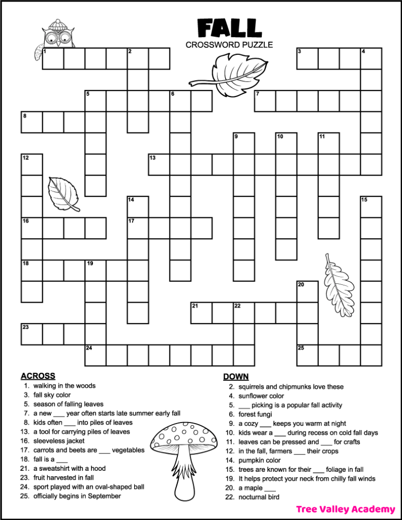 A black and white printable fall crossword puzzle for kids around 4th grade. It has 26 clues to solve: 13 across and 13 down. The printable fall crossword puzzle is decorated with images that can be colored: an owl, 3 leaves, and a mushroom.