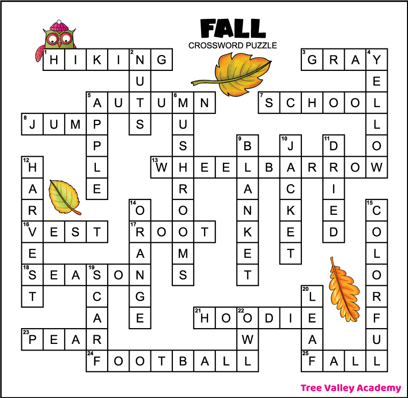 Answer key for a printable fall crossword puzzle. The words across are hiking, gray, autumn, school, jump, wheelbarrow, vest, root, season, hoodie, pear, football, and fall. The words down are nuts, yellow, apple, mushrooms, blanket, jacket, dried, harvest, orange, colorful, scarf, leaf, and owl.