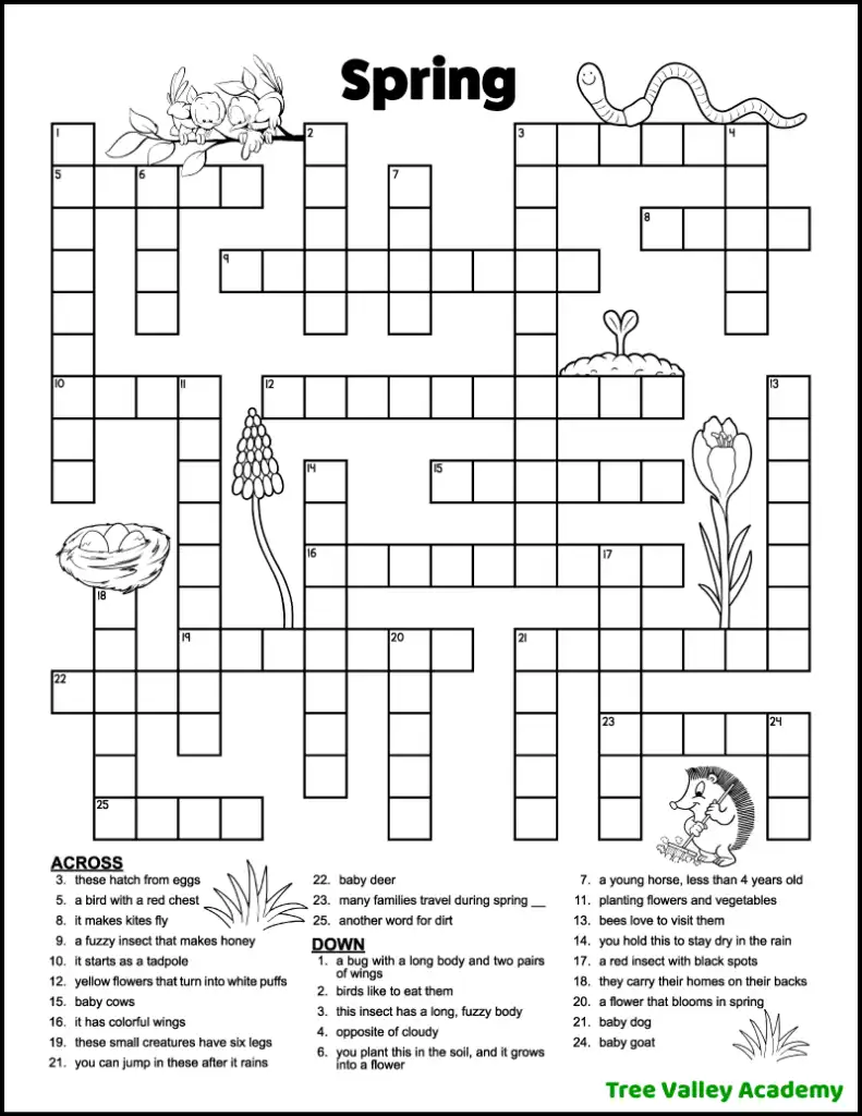 a free printable spring crossword puzzle for kids around 4th grade with 27 clues to solve