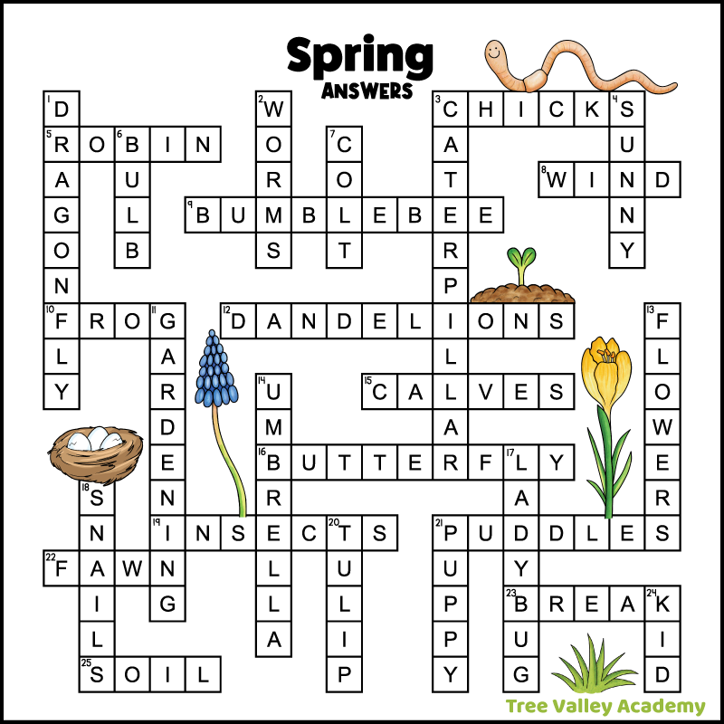 the answer key for a printable spring crossword puzzle for kids around 4th grade