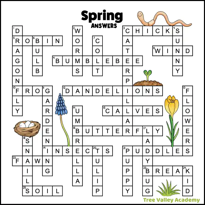 the answer key for a printable spring crossword puzzle for kids around 4th grade