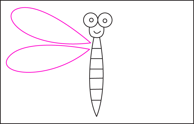 Drawing the left wings in step 5 of drawing a simple cartoon dragonfly.