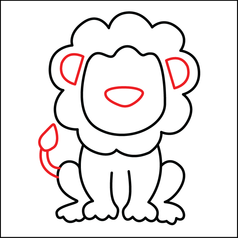 Drawing a simple nose, ears, and tail in step 5 of how to draw a lion for kids.