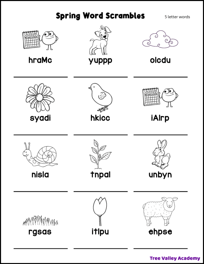 Printable 5 letter spring word scramble for kids. Includes 12 scrambled spring words with a black and white drawing above each word to guide kids in spelling the words correctly.