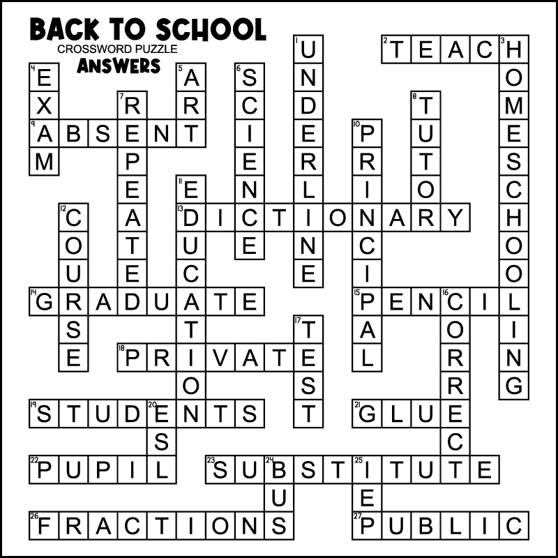 The answer key for a free printable 5th grade back to school crossword puzzle.