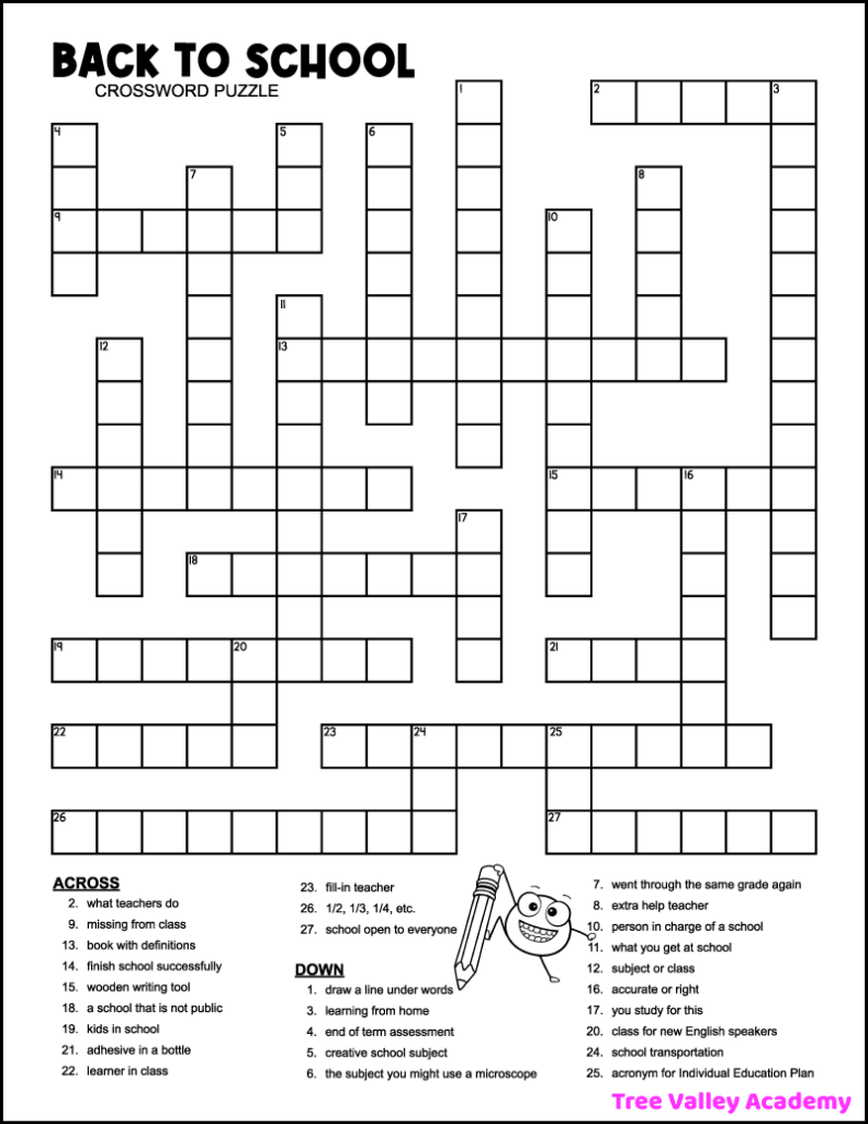 A one-page black and white printable 5th grade back to school crossword puzzle with 27 clues for kids to solve.