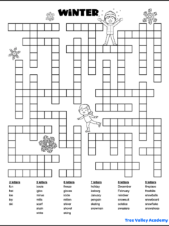 Free printable winter themed fill in word puzzle. The puzzle has 37 winter words to fit in the puzzle: 3, 5, 6, 7, 8, and 9 letter words.