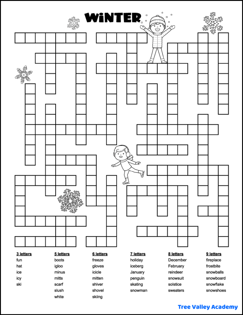 Free printable winter themed fill in word puzzle. The puzzle has 37 winter words to fit in the puzzle: 3, 5, 6, 7, 8, and 9 letter words.