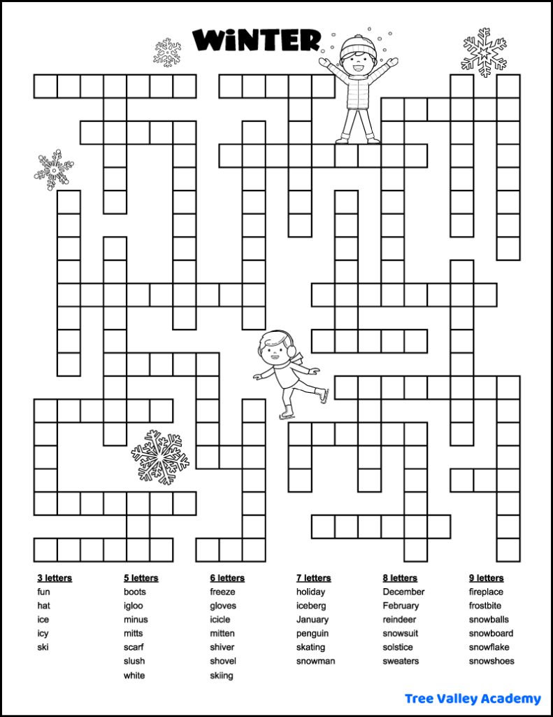 Free printable winter themed fill in word puzzle. The puzzle has 37 winter words to fit in the puzzle: 3, 5, 6, 7, 8, and 9 letter words.