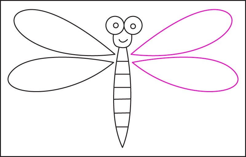 Drawing the right wings in step 6 of drawing a simple cartoon dragonfly.