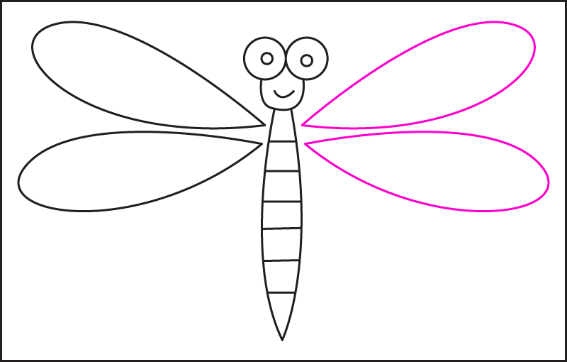 Drawing the right wings in step 6 of drawing a simple cartoon dragonfly.