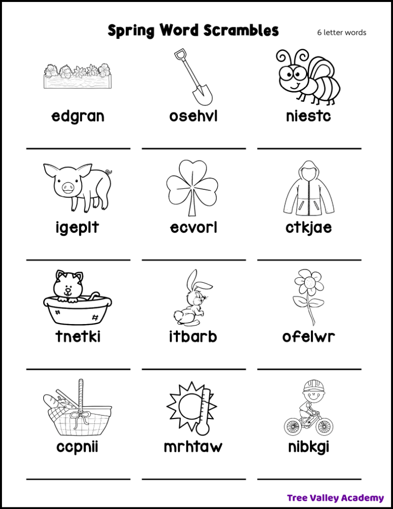Printable 6 letter spring word scramble for kids. Each of the 12 scrambled spring words has a black and white drawing above it to help kids figure out the correct spelling.
