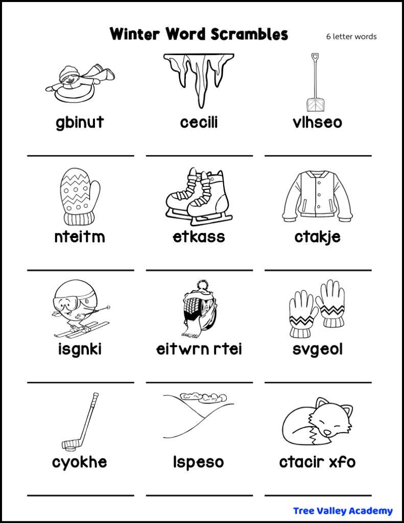 Easy printable winter word scramble for kids with 12 jumbled 6 letter winter words to solve. There's a picture for each word.