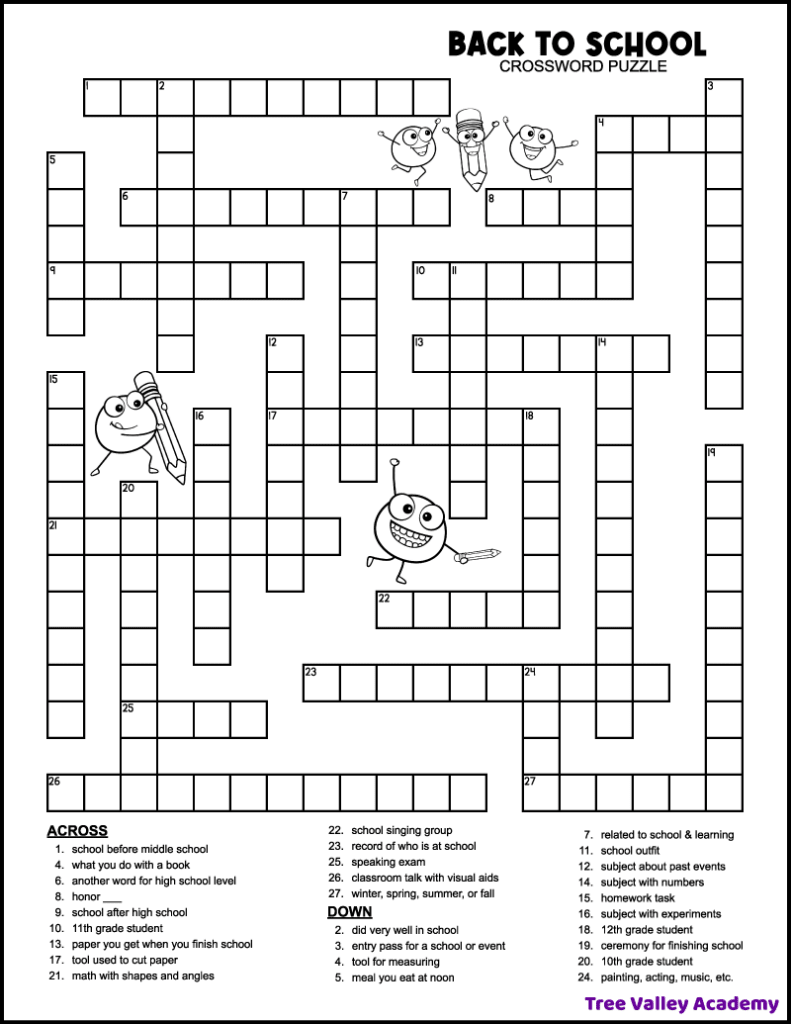 A free printable 6th grade back to school crossword puzzle with 28 clues for kids to solve.