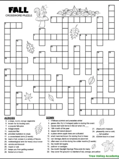 A black and white printable fall crossword puzzle for middle school students with 13 clues across to solve and 16 clues down. The printable autumn word puzzle is decorated with images that can be colored: falling leaves and a squirrel holding an acorn sitting on a mushroom.