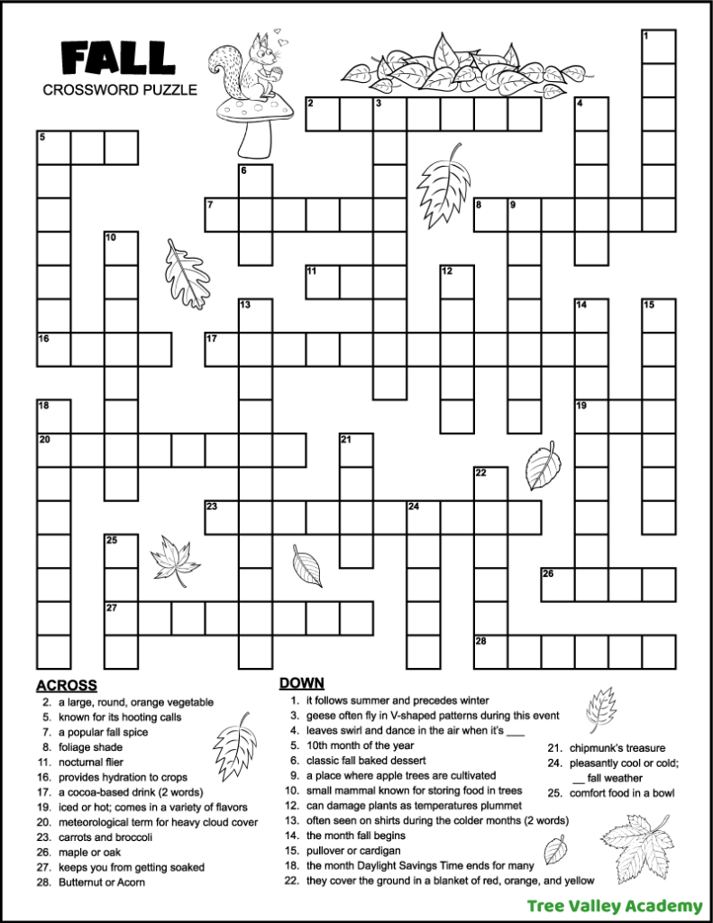 A black and white printable fall crossword puzzle for middle school students with 13 clues across to solve and 16 clues down. The printable autumn word puzzle is decorated with images that can be colored: falling leaves and a squirrel holding an acorn sitting on a mushroom.