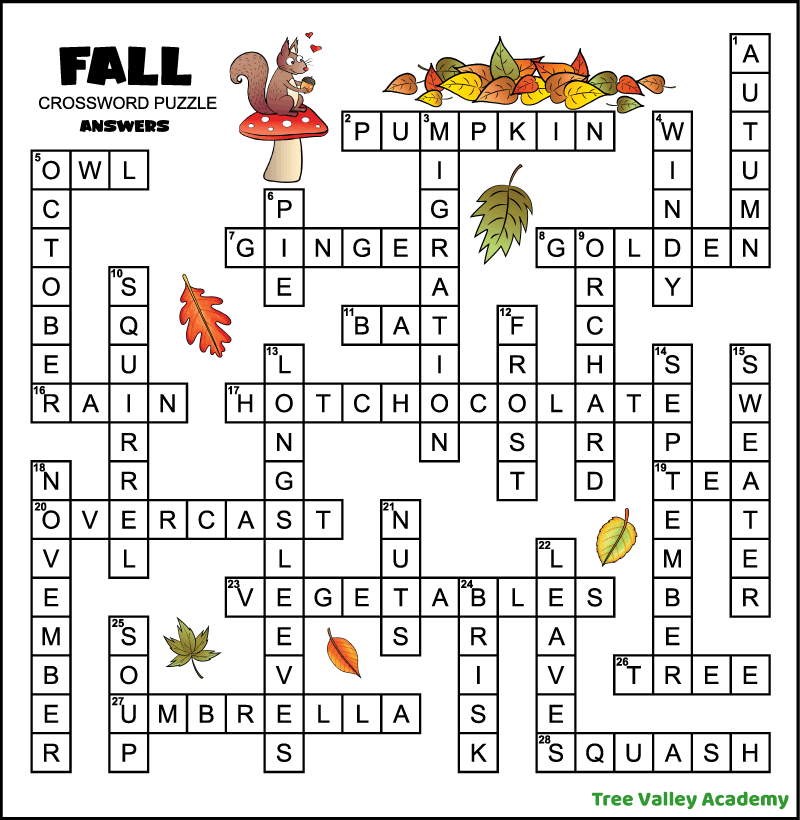 Answer key for a middle school printable fall crossword puzzle. The words across are pumpkin, owl, ginger, golden, bat, rain, hot chocolate, tea, overcast, vegetables, tree, umbrella, and squash. The words down are autumn, migration, windy, October, pie, orchard, squirrel, frost, long sleeves, September, sweater, November, nuts, leaves, brisk, and soup.