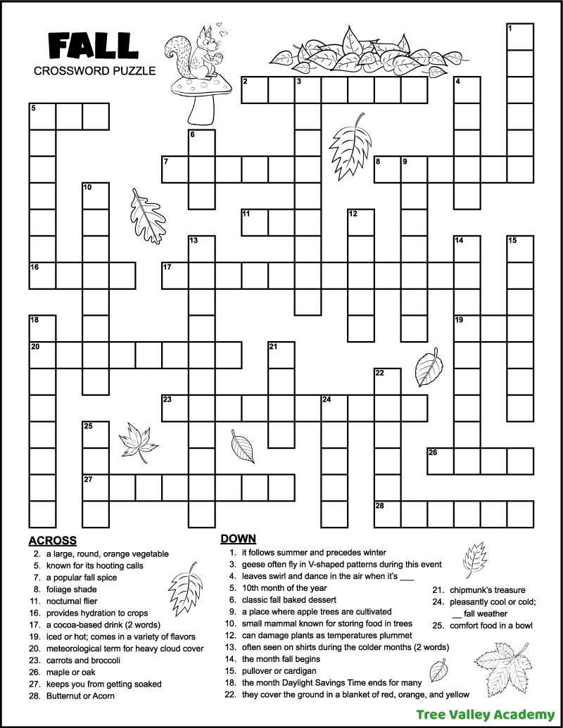 Fall Crossword Puzzle For Middle School