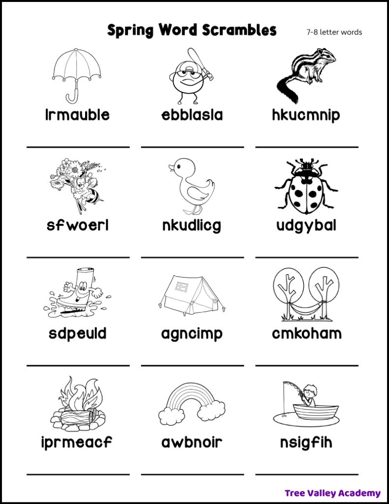 Free printable 7-8 letter spring word scramble for kids with 12 jumbled spring words to solve. Each scrambled word has a black and white picture above it to help kids spell the words correctly.