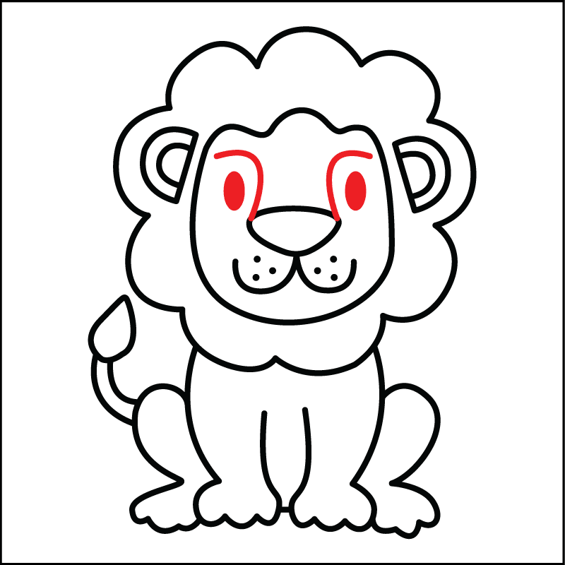 Drawing the eyes and part of the nose of step 7 of how to draw a lion for kids.