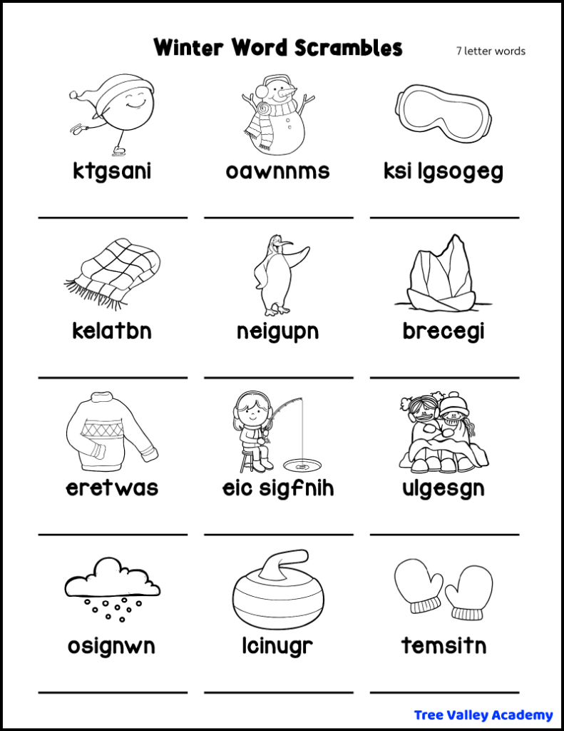 Free printable winter word scramble for kids with 12 jumbled 7 letter winter words. There's a picture for each word.
