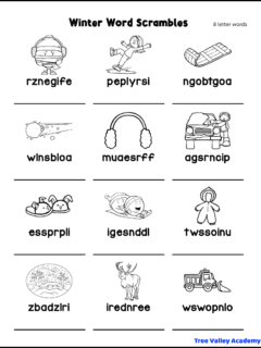 Free printable winter word scramble for kids with a picture for each word. There are 12 jumbled 8 letter winter words to solve.